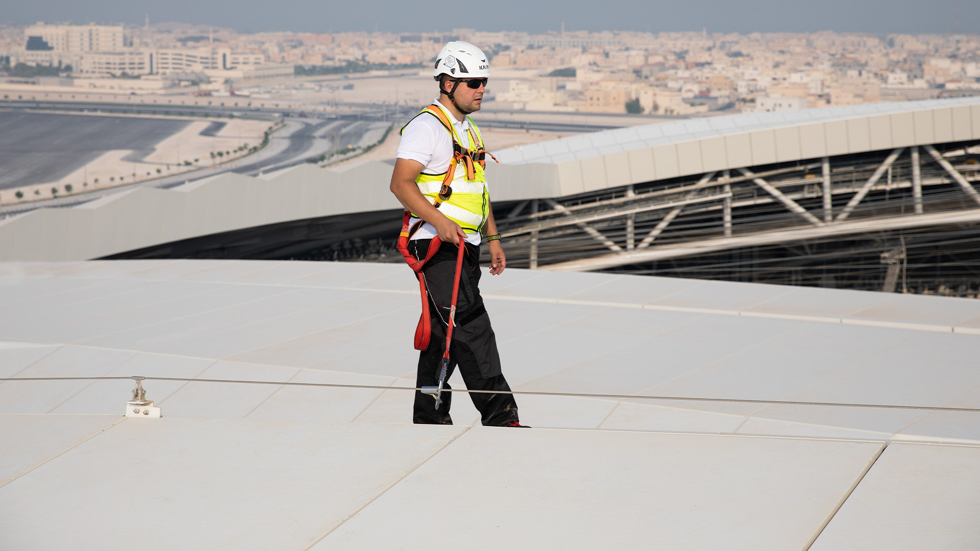 Set of safety equipments on an architectural stadium in Qatar